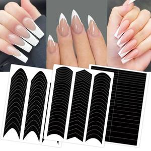 lot 604 image: 36 Sheets 1860 Pcs French Tip Nail Guides, Self-Adhesive French V-Shaped Moon Shaped Manicure Strip Stickers for Edge Auxiliary Black DIY Decoration Stencil Tools - Retail $6
