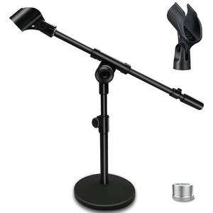 lot 609 image: Mictop Adjustable Desktop Mic Stand, Desk Stand Tabletop Table Top Microphone Stand with Mic Clip for Handheld Microphone, Boom Arm, 58 Male to 38 Female Screw Adapter - Retail $25