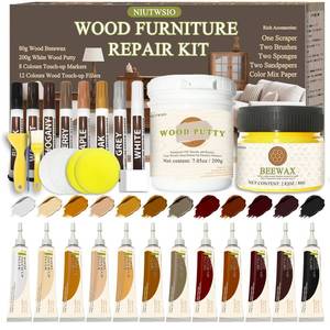 lot 617 image: Wood Furniture Repair Kit - Set of 34 - Laminate Floor Repair Kit with Wood Putty, 12 Colors Wood Filler & 8 Colors Furniture Markers and Beewax, Wood Repair Kit for Scratch Cracks Hole Discoloration - Retail $26