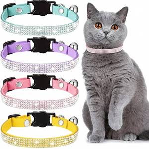 lot 634 image: Weewooday 4 Pieces Rhinestones Cat Collars Breakaway Cat Collar with Bell Bling Pet Accessories with Soft Velvet, 4 Colors(XS,Purple, Blue, Gold, Pink) - Retail $13