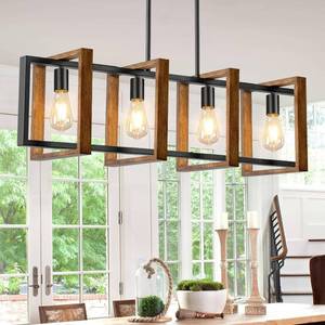 lot 651 image: 4 Lights Dining Room Light Fixture, Farmhouse Kitchen Island Lighting Wood and Black Metal Rectangular Hanging Chandelier for Ceiling Living Room, Modern Rustic Pendant Lighting Fixture Over Table - Retail $80