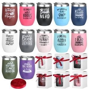 lot 680 image: Sieral 12 Pcs Book Club Gift for Book Lovers Reading Cups Bulk 12 oz Double Wall Vacuum Insulated Literature Bookish Librarian Tumbler Mugs with Lid Red Ribbon Translucent Box - Retail $65