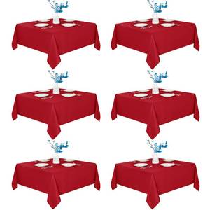 lot 689 image: Fitable 6 Pack Red Square Tablecloths - 70 x 70 Inches - Stain Resistant and Reusable Table Clothes, Polyester Fabric Table Covers for Dining, Card Tables, Coffee Tables - Retail $46