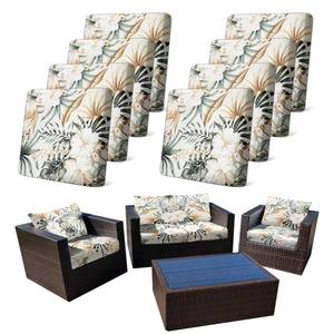lot 694 image: CALBODE 8Pcs Stretch Patio Cushion Cover, Tropical Floral and Leaf Pattern Sofa Covers for Patio Furniture Cushions Washable Reusable Couch Covers Replacement for All Season(Cover Only) - Retail $40