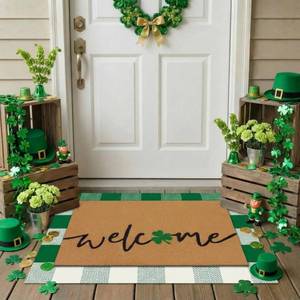 lot 695 image: Drydiet 2 Pcs St Patricks Day Layered Coir Doormat Set Lucky Shamrock Clover Welcome Front Door Mat with Green Checkered Outdoor Rug Non Slip Porch Entryway Rug for Indoor Outdoor Farmhouse Decor - Retail $25