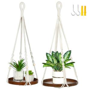 lot 721 image: Shineloha 2 Pack Macrame Plant Hanger  Plant Hanger Indoor, Hanging Planter Shelf  Hanging Planter (Beige) (1 Large  1 Medium) - Retail $28