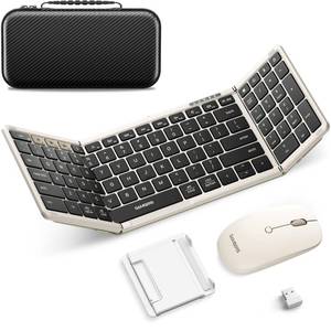 lot 737 image: Foldable Keyboard and Mouse, Samsers Folding Bluetooth Keyboard Combo, 2.4G  BT5.0 x 2, Full-Size Portable Travel Keyboard & Rechargeable Wireless Mouse for Windows Android iOS Mac OS, Starlight - Retail $85