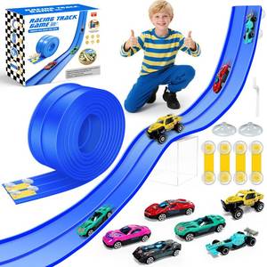 lot 739 image: TOY CARS NOT INCLUDED EFCRBS 15Ft Flex Track, Flexible Race Car Track for Kids Toy with 4 Suction Cups, Rolls Up Portable Racetrack Compatible with Hot Wheels & Diecast 164th Cars, Birthday Gifts for Boys Girls (Blue) - Retail $16