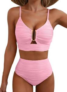 lot 746 image: Herseas Womens Teen Girl 2 Piece High Waisted Bikini Sets V Neck Spaghetti Straps Push Up Full Coverage Swimwear Slimming Swim Suit Beach Vacation Must Have Pink Medium - Retail $30