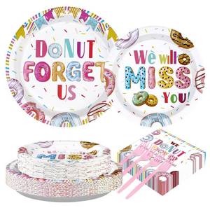 lot 766 image: 200PCS Farewell Retirement Party Supplies Colorful Donut Forget Us Plates and Napkins Disposable We Will Miss You Tableware Set for Coworker Going Away Retirement Party Decorations Serves 24 - Retail $22
