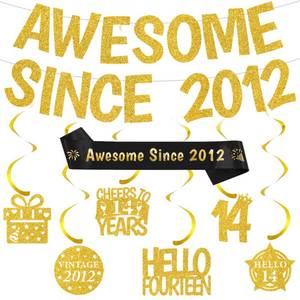 lot 768 image: Happy 14th Birthday Decorations Banner - Pre-Strung Awesome Since 2012 Bday and Anniversary Decoration Set for Boys Girls, 14 Years Old Gold Glitter Party Supplies with Banners Hanging Swirls Sash - Retail $10