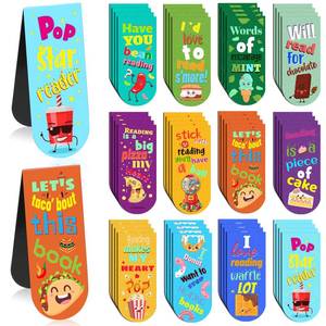 lot 771 image: 48 Pack Scented Bookmarks Magnetic Scratch and Sniff Fruit Food Bookmarks for Kids Cute Page Markers with Sayings for Kids Students Teens Teachers (Food Flavor) - Retail $18