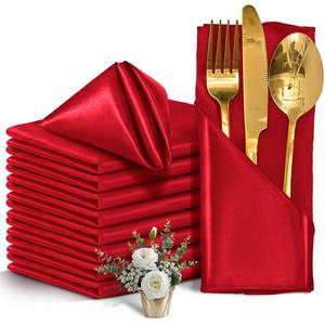 lot 800 image: Eychei 50 Pieces Red Satin Napkins, 17 x 17 Square Table Napkins, Silky Soft Smooth Washable Napkins for Restaurant, Weddings, Dinner, Party Decoration - Retail $33