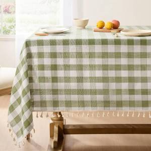 lot 825 image: Softalker Outdoor Checkered Tablecloth Rectangle, Spring Summer Linen Cotton Gingham Table Cloth with Tassel, Heavy Duty Wrinkle Free Buffalo Plaid Table Cover for Picnic Camping - 55 x 84 Inch, Sage - Retail $30