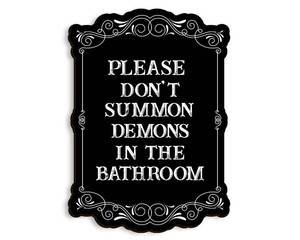 lot 854 image: COLOR VALLEY ART Gothic Wall Art, Please Do Not Summon Demons In The Bathroom, Funny Gothic Decor Bathroom Wall Decor, Wooden Spooky Wall Hanging (B, 7x10 Inch) - Retail $9