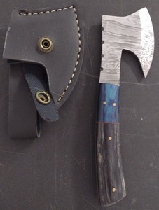 lot 27 image: Handcrafted Damascus Steel Full Tang Cheese Axe Hatchet with Sheath approx 6.5 inches Hunting Fishing