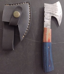 lot 33 image: Handcrafted Damascus Steel Full Tang Cheese Axe Hatchet with Sheath approx 6.5 inches Hunting Fishing