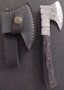 lot 38 image: Handcrafted Damascus Steel Full Tang  Cheese Axe Hatchet with Sheath approx 6.5 inches Hunting Fishing