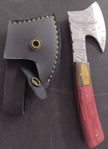 lot 39 image: Handcrafted Damascus Steel Full Tang Cheese Axe Hatchet with Sheath approx 6.5 inches Hunting Fishing