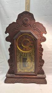 Ansonia Victorian Gingerbread Mantel Clock with Ornate Wood Carving by the Ansonia Clock CO.