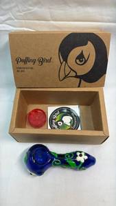 lot 8 image: Puffing Bird Glass Pipe with Grinder Set