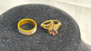 lot 39 image: Gold-Tone Ring Set with Red Stone and Faux Diamond Accents