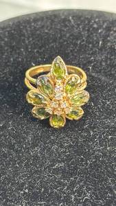 lot 54 image: Gold-Tone Peridot Flower Ring with Clear Crystals
