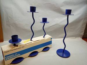 lot 112 image: 3pk Wavy Taper Candle Holder Set Blue - Room Essentials 1 bonus tall for 4 total - Retail $10