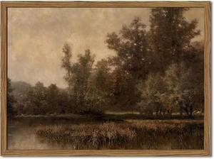 lot 4339 image: Framed Vintage Landscape Canvas Wall Art, Rustic Forest Lake Decor