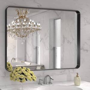 lot 4348 image: $150 LOAAO 48x24 Black Metal Framed Bathroom Mirror, Tempered Glass