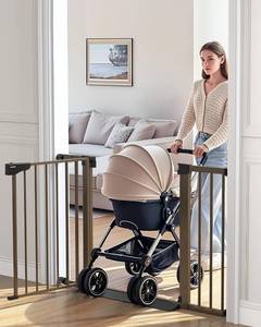 lot 4380 image: $90 Cumbor 29.7-46 Baby Gate for Stairs, Auto-Close, Brown