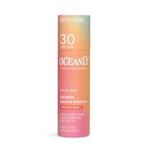 lot 56866 image: ATTITUDE Oceanly Tinted Lip Balm with SPF 30, EWG Verified, Plastic-Free, Broad Spectrum UVAUVB Protection with Zinc Oxide, Vegan, Unscented, Peachy Shell, 0.3 Ounce - Retail $15
