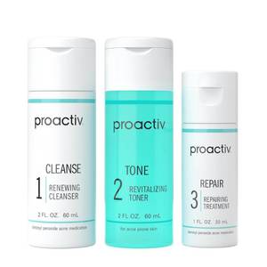 lot 56879 image: Proactiv 3 Step Acne Treatment - Benzoyl Peroxide Face Wash, Repairing Acne Spot Treatment for Face and Body, Exfoliating Toner - 30 Day Complete Acne Skin Care Kit - Retail $36