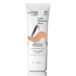 lot 56909 image: Almay Skintone Matching Foundation, Smart Shade Face Makeup with SPF 15, Hypoallergenic, Oil-Free, Dermatologist-Tested, 200 Light Medium Mine, 1 fl oz - Retail $13