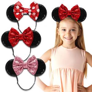 lot 56924 image: Shiny Sequin Minnie Bow Headbands - Elastic, Adjustable, and Headache-Free - Glitter Mouse Ears for Girls and Women (Classic) 2pcs  - Retail $12