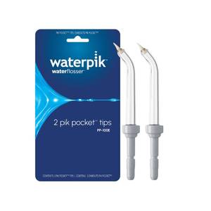 lot 56925 image: Waterpik Genuine Pik Pocket Replacement Tips, Water Flosser Tip Replacement, PP-100E, 2 Count (Assorted Colors) - Retail $9