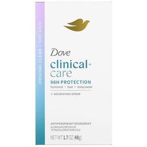 lot 56934 image: Dove Clinical  Care Antiperspirant Deodorant Soft Solid For Women with Nourishing Serum Original Clean  1.7 oz - Retail $57
