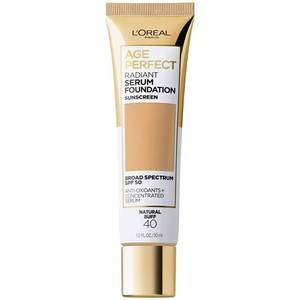 lot 56945 image: LOreal Paris Age Perfect Radiant Serum Foundation with SPF 50, Natural Buff, 1 Ounce - Retail $15