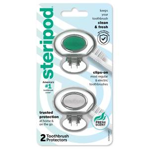 lot 56949 image: Steripod Clip-on Toothbrush Protector, GreenSilver, 2 Count - Retail $6