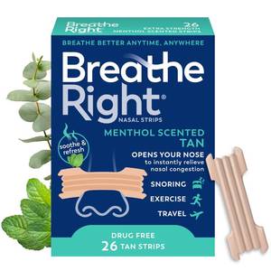 lot 56955 image: Breathe Right Extra Strength, Nasal Strips, Menthol Scent, Drug Free Nasal Congestion Relief for Better Breathing, Help Relieve Snoring, 24ct - Retail $10