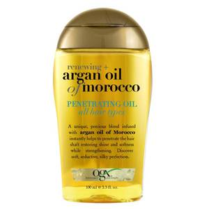 lot 56960 image: OGX Renewing  Argan Oil of Morocco, Cold-Pressed Argan Oil for Hair Penetrating Treatment & Shine, Moisturizing & Strengthening Silky Oil for All Hair Types, Paraben & Sulfate Free, 3.3 fl oz - Retail $8