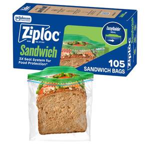 lot 56968 image: Ziploc Sandwich and Snack Bags with EasyGuide Texture, Plastic Storage Bags with Grip n Seal Technology, 105 Bags Total - Retail $4