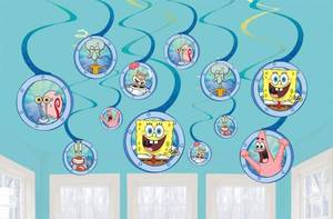 lot 56982 image: SpongeBob Multicolor Spiral Decorations With 5 Cutout - Pack Of 12 - Eye-Catching Design & Durable Party Decors - Perfect For Fans & Themed Events - Retail $15