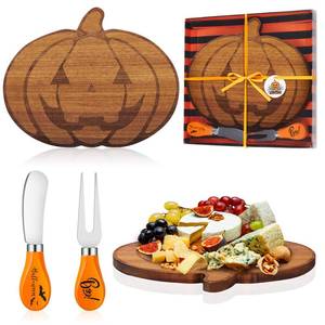 lot 56983 image: Halloween Cheese Board Mini Pumpkin Charcuterie Board Decoration Party Favor with Knife Set Small Cutting Serving Tray and Platter for Halloween Party Gift - Retail $8