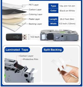 lot 56987 image: 5Pk Replace for Brother P Touch Label Tape Work with Brother Label Maker Tape 12mm 0.47 Laminated White TZ 12 Black on White TZe-231 for PT-H103w H110 D210 D220 D400 1180 1280 1890 2040,8m 26.2ft - Retail $17