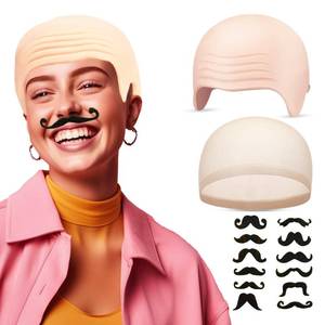 lot 57011 image: Bald Cap with Mesh Wig Cap - Shaved Head and 8-Piece Self-adhesive Fake Beard for Cosplay, Halloween, Theater & Theme Parties. MISSING A FEW MUSTACHES. - Retail $8
