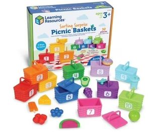lot 57012 image: Learning Resources Counting Surprise Party - Toddler Montessori Toys, Stacking Preschool Activities, Matching Color Game, Homeschool, Fine Motor Skills, ONE BASKET MISSING A LID. - Retail $25