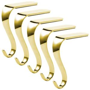 lot 57025 image: 5 Piece Christmas Stocking Holders Mantel Hanger Hooks Xmas Mantle Grips Set Safety Hang Stocking Clips for Christmas Party Decoration (Gold) - Retail $16