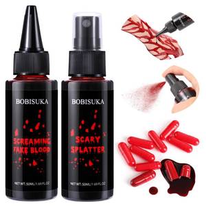 lot 57031 image: Halloween Fake Blood Kit, 1.76oz Blood Spray  1.76oz Dripping Blood  10 Fillable Empty Capsules, Realistic Washable Fake Blood Makeup for Mouth Clothes Zombie Vampire Monster SFX Cosplay - Retail $10