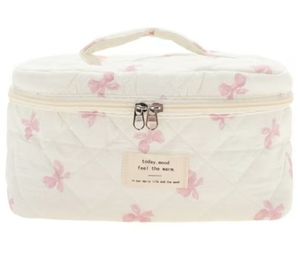 lot 57036 image: Unique Bargains Bow Quilting Makeup Bag White Pink Cotton Fabric - Retail $15